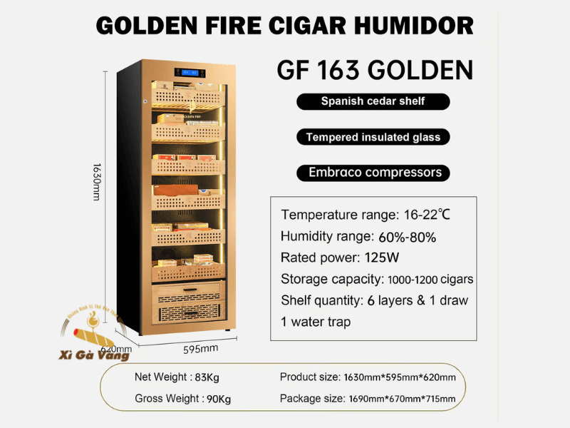 Tủ bảo quản xì gà Golden 163 Gold với nhiều thông số cao